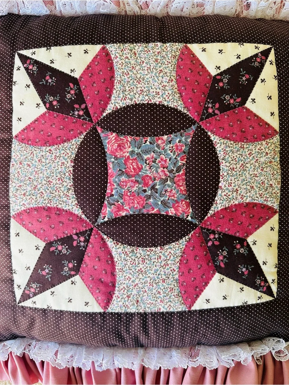 Vintage Patchwork Quilt Throw Pillow Ruffle Lace Floral 21x21 Grandmacore Boho